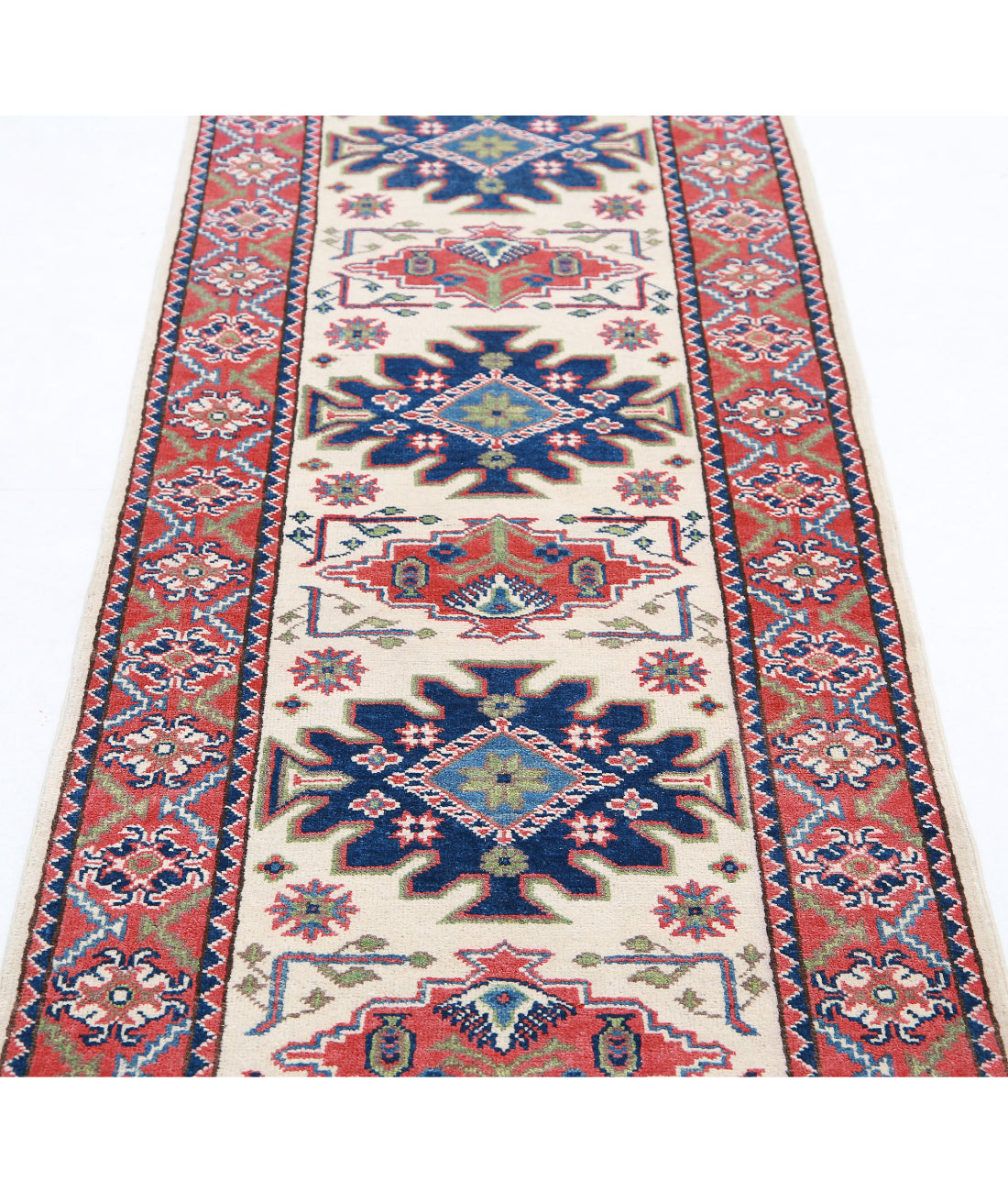 Hand Knotted Tribal Kazak Wool Rug - 2'6'' x 9'7'' 2'6'' x 9'7'' (75 X 288) / Ivory / Red