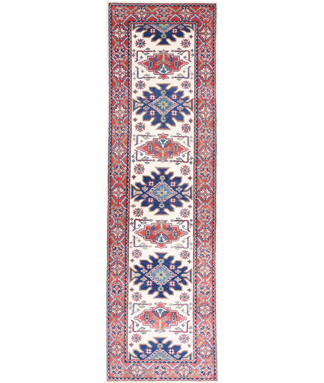 Hand Knotted Tribal Kazak Wool Rug - 2&#39;6&#39;&#39; x 9&#39;7&#39;&#39; 2&#39;6&#39;&#39; x 9&#39;7&#39;&#39; (75 X 288) / Ivory / Red