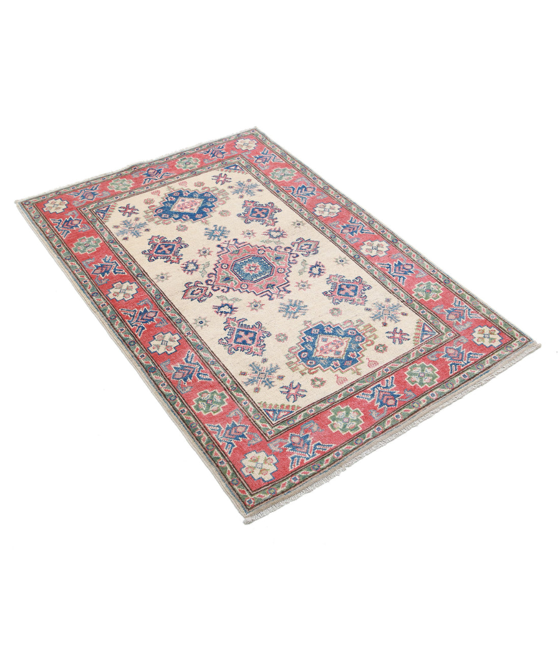 Hand Knotted Tribal Kazak Wool Rug - 3'3'' x 4'8'' 3'3'' x 4'8'' (98 X 140) / Ivory / Red