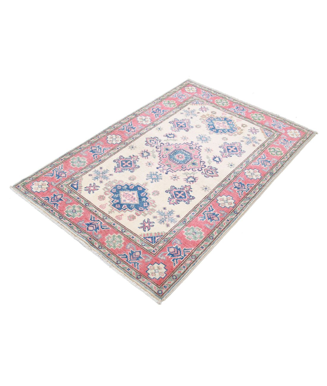 Hand Knotted Tribal Kazak Wool Rug - 3'3'' x 4'8'' 3'3'' x 4'8'' (98 X 140) / Ivory / Red