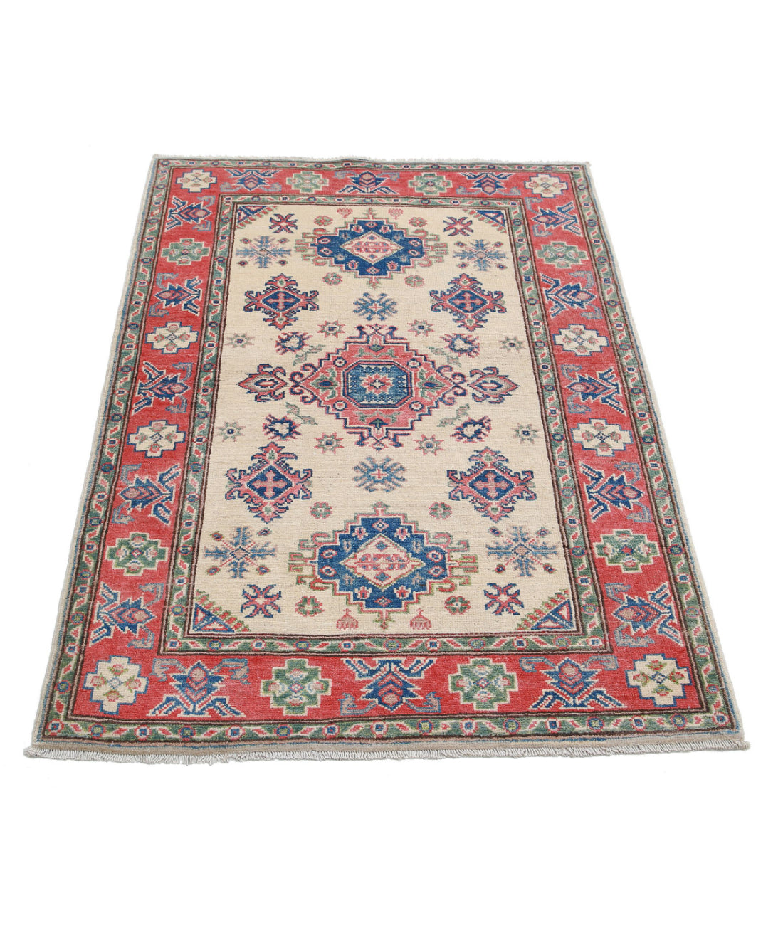 Hand Knotted Tribal Kazak Wool Rug - 3'3'' x 4'8'' 3'3'' x 4'8'' (98 X 140) / Ivory / Red