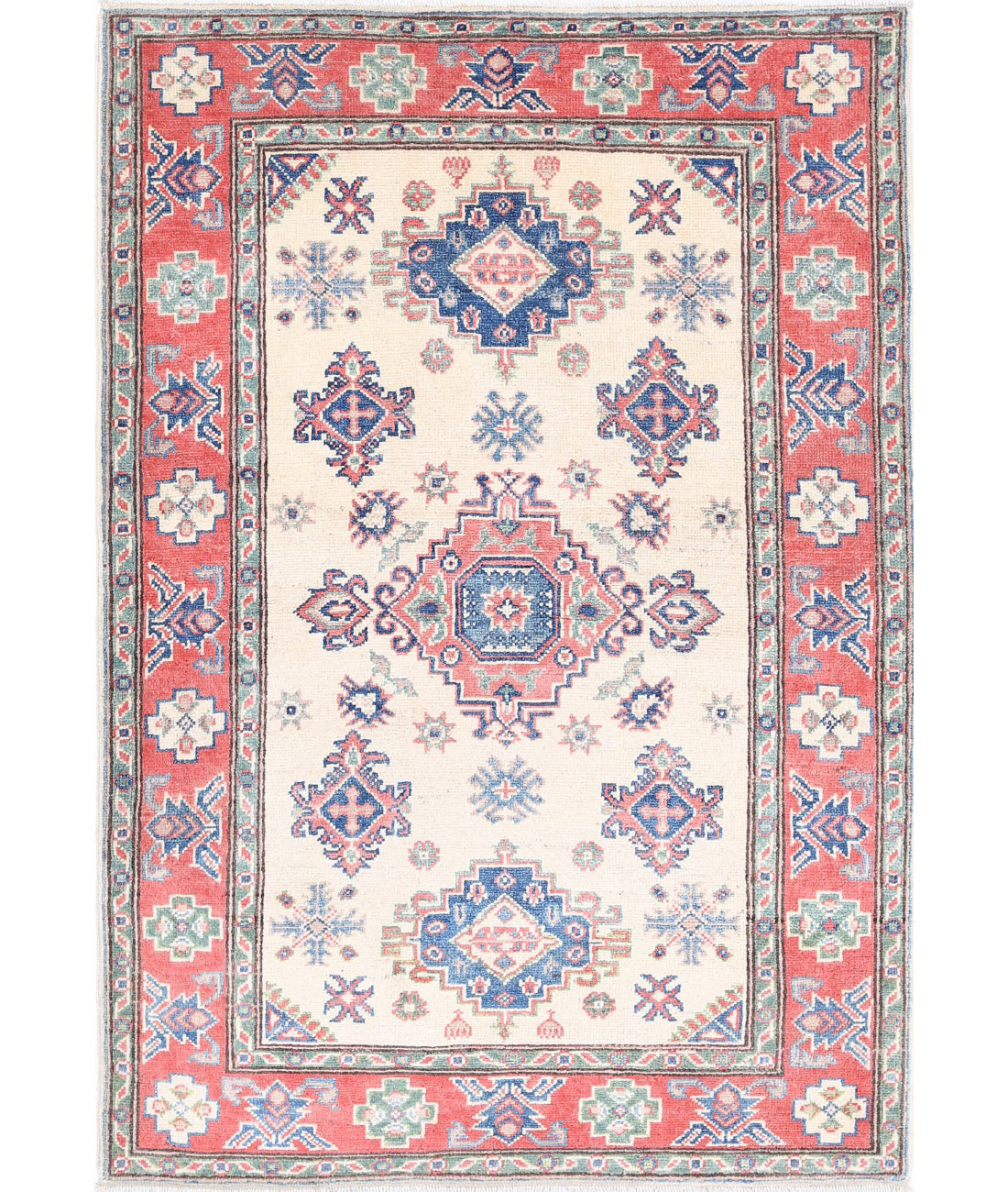 Hand Knotted Tribal Kazak Wool Rug - 3'3'' x 4'8''