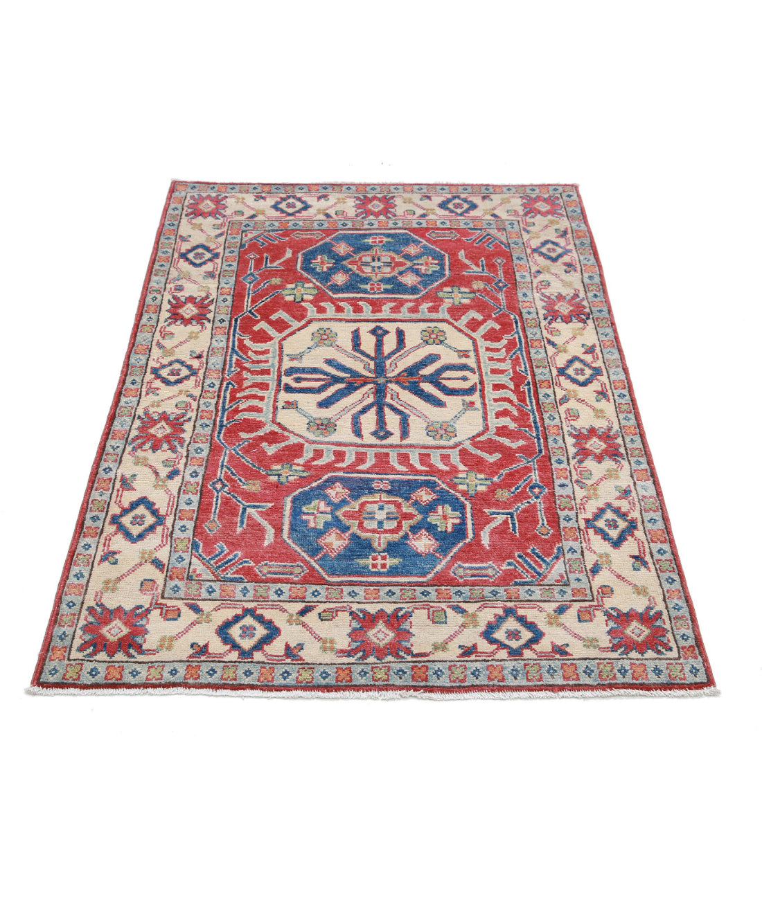 Hand Knotted Tribal Kazak Wool Rug - 3'3'' x 5'0'' 3'3'' x 5'0'' (98 X 150) / Red / Ivory
