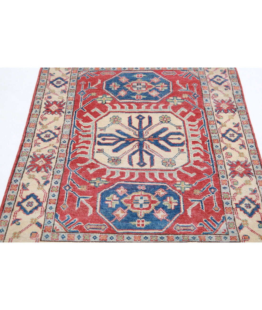 Hand Knotted Tribal Kazak Wool Rug - 3'3'' x 5'0'' 3'3'' x 5'0'' (98 X 150) / Red / Ivory