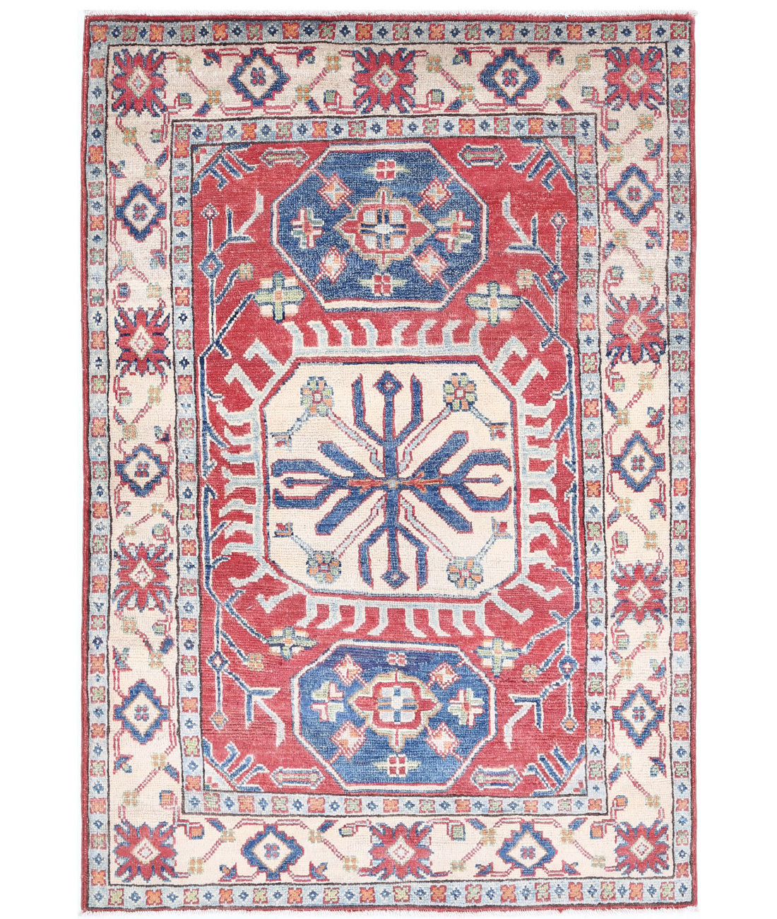 Hand Knotted Tribal Kazak Wool Rug - 3&#39;3&#39;&#39; x 5&#39;0&#39;&#39; 3&#39;3&#39;&#39; x 5&#39;0&#39;&#39; (98 X 150) / Red / Ivory