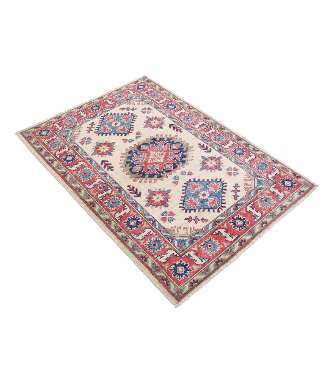 Hand Knotted Tribal Kazak Wool Rug - 3'4'' x 4'8'' 3'4'' x 4'8'' (100 X 140) / Ivory / Red