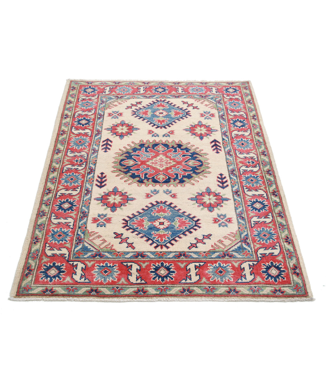 Hand Knotted Tribal Kazak Wool Rug - 3'4'' x 4'8'' 3'4'' x 4'8'' (100 X 140) / Ivory / Red