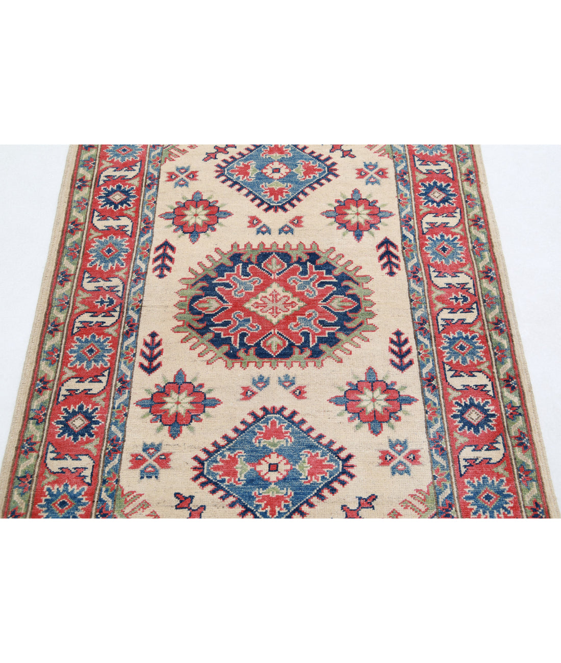 Hand Knotted Tribal Kazak Wool Rug - 3'4'' x 4'8'' 3'4'' x 4'8'' (100 X 140) / Ivory / Red
