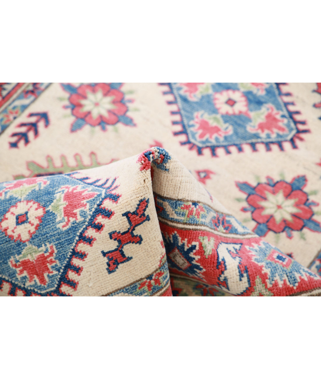 Hand Knotted Tribal Kazak Wool Rug - 3'4'' x 4'8'' 3'4'' x 4'8'' (100 X 140) / Ivory / Red