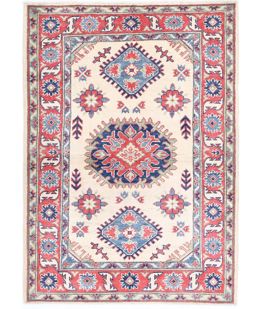 Hand Knotted Tribal Kazak Wool Rug - 3'4'' x 4'8'' 3'4'' x 4'8'' (100 X 140) / Ivory / Red