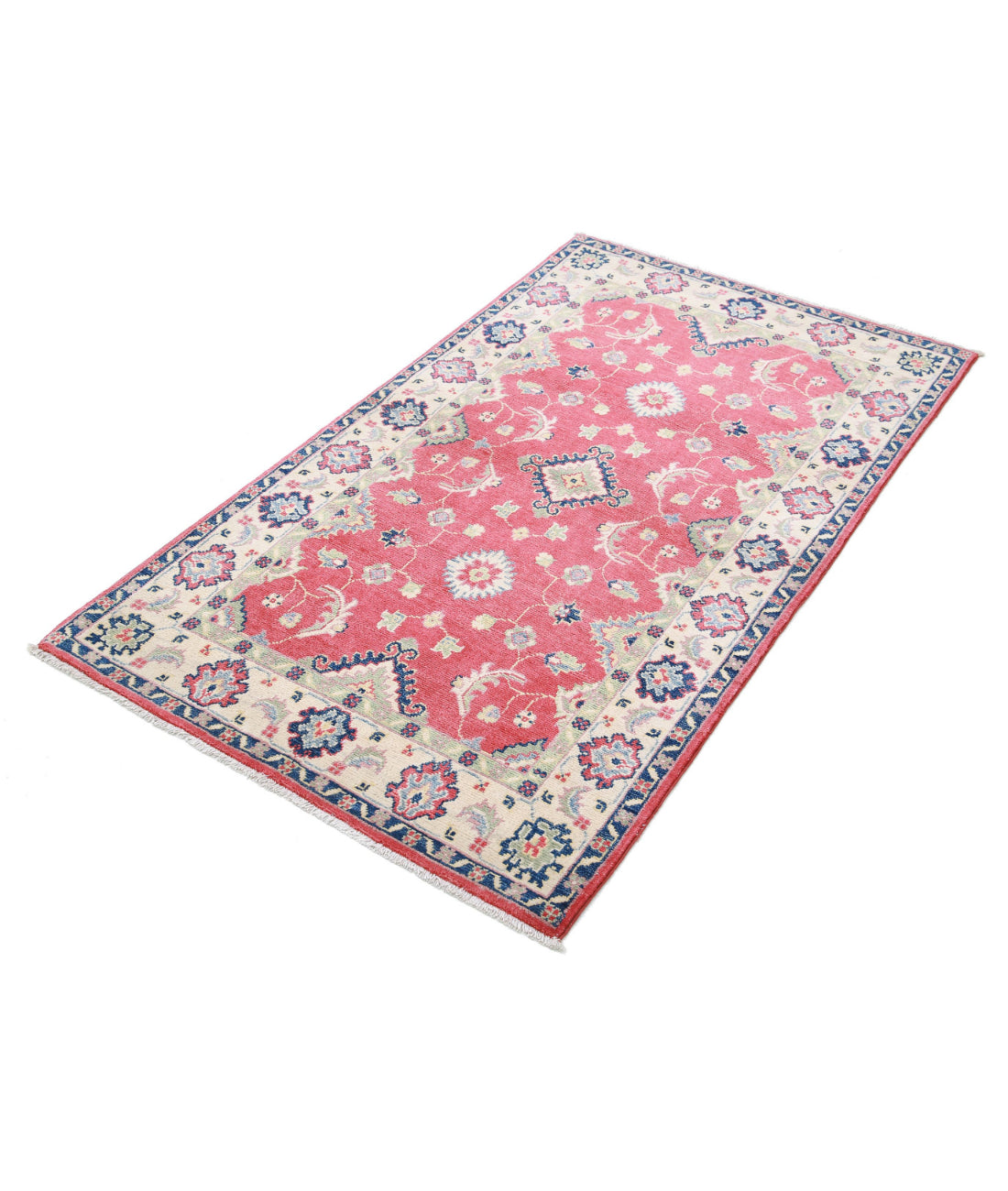 Hand Knotted Tribal Kazak Wool Rug - 3'1'' x 5'2'' 3'1'' x 5'2'' (93 X 155) / Red / Ivory