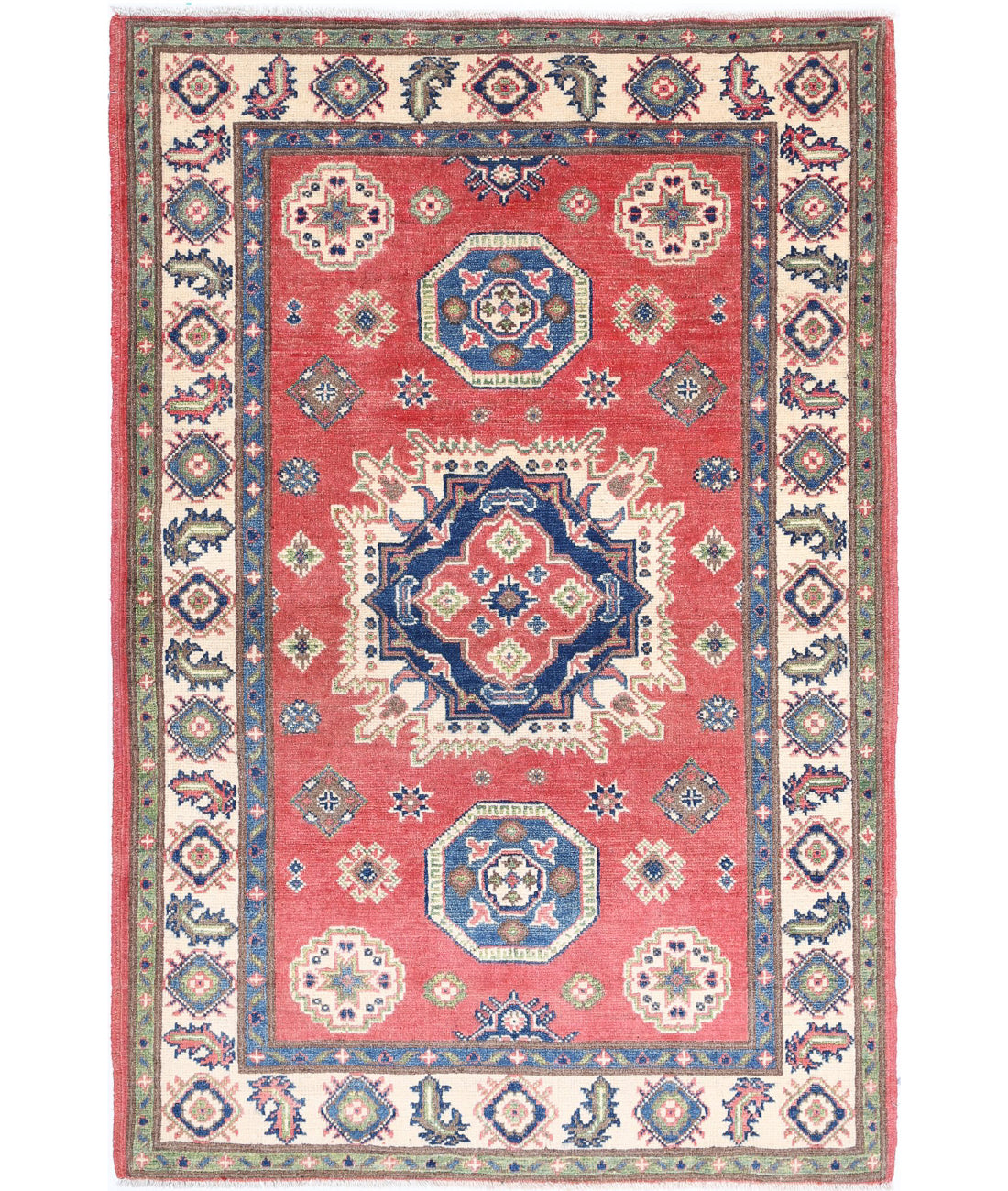Hand Knotted Tribal Kazak Wool Rug - 3'3'' x 4'10''