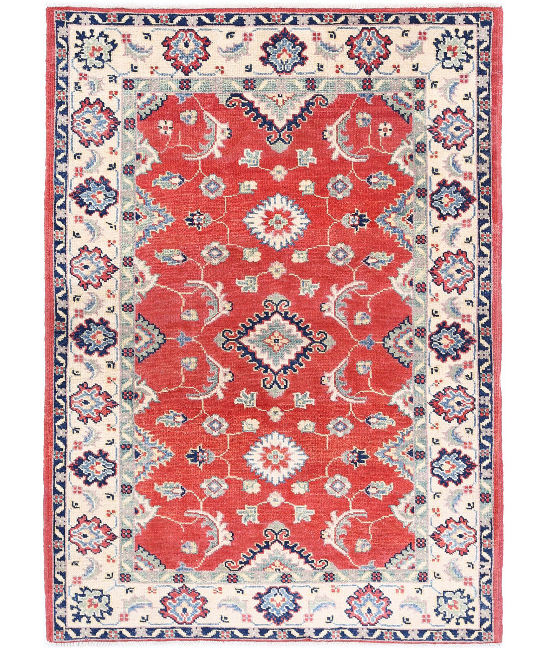 Hand Knotted Tribal Kazak Wool Rug - 3'2'' x 4'7'' 3'2'' x 4'7'' (95 X 138) / Red / Ivory