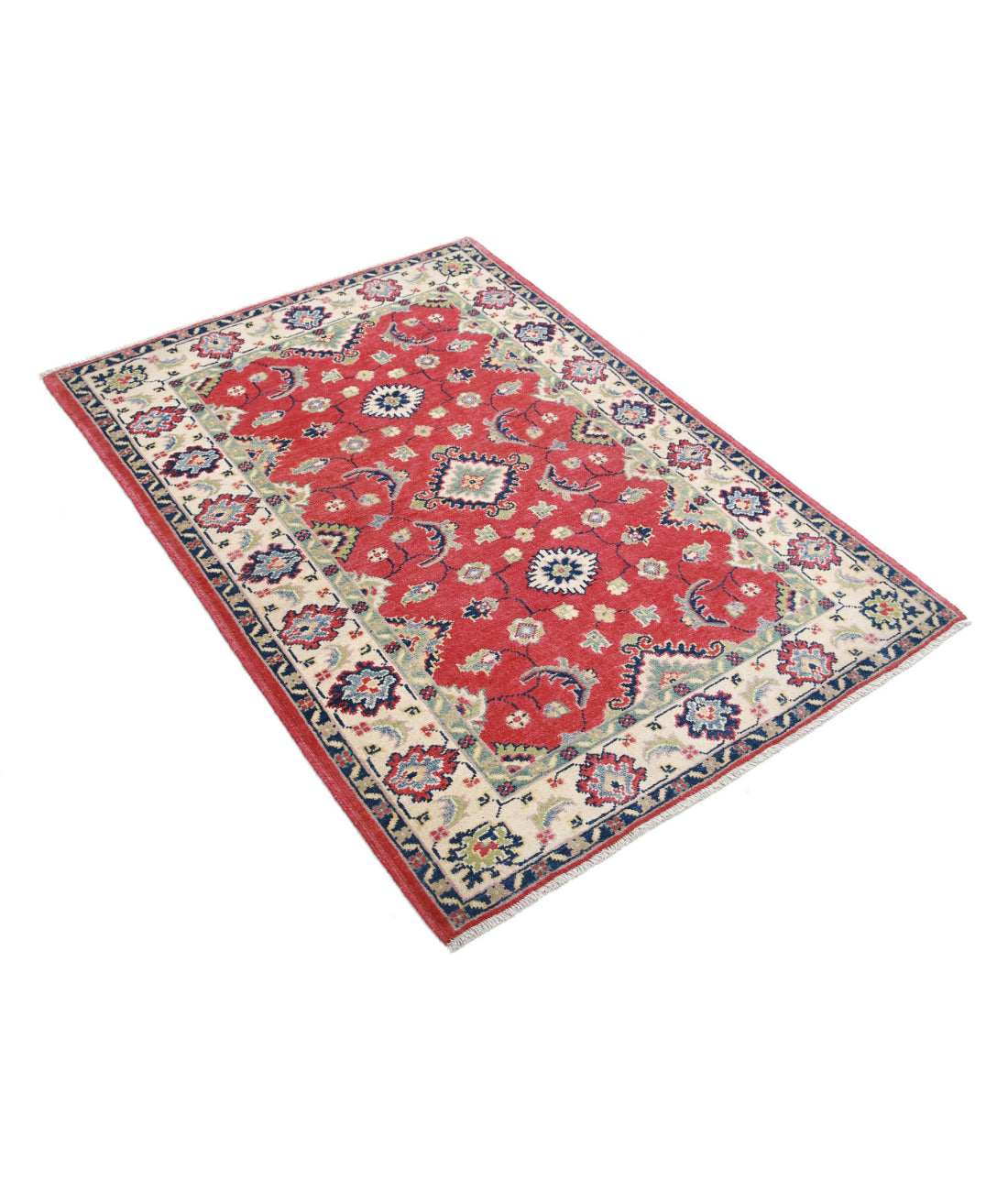 Hand Knotted Tribal Kazak Wool Rug - 3'0'' x 4'8'' 3'0'' x 4'8'' (90 X 140) / Red / Ivory