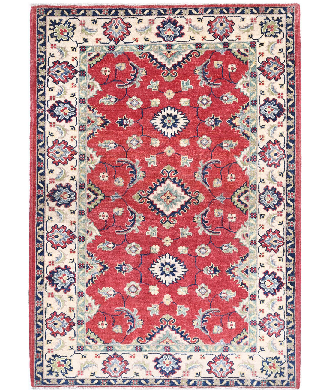 Hand Knotted Tribal Kazak Wool Rug - 3'0'' x 4'8'' 3'0'' x 4'8'' (90 X 140) / Red / Ivory