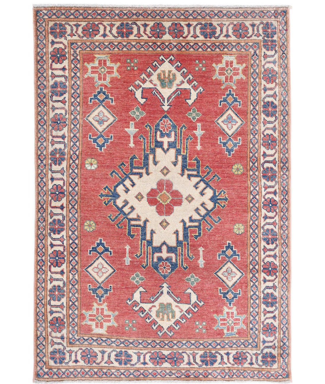 Hand Knotted Tribal Kazak Wool Rug - 3'2'' x 4'8'' 3'2'' x 4'8'' (95 X 140) / Red / Ivory