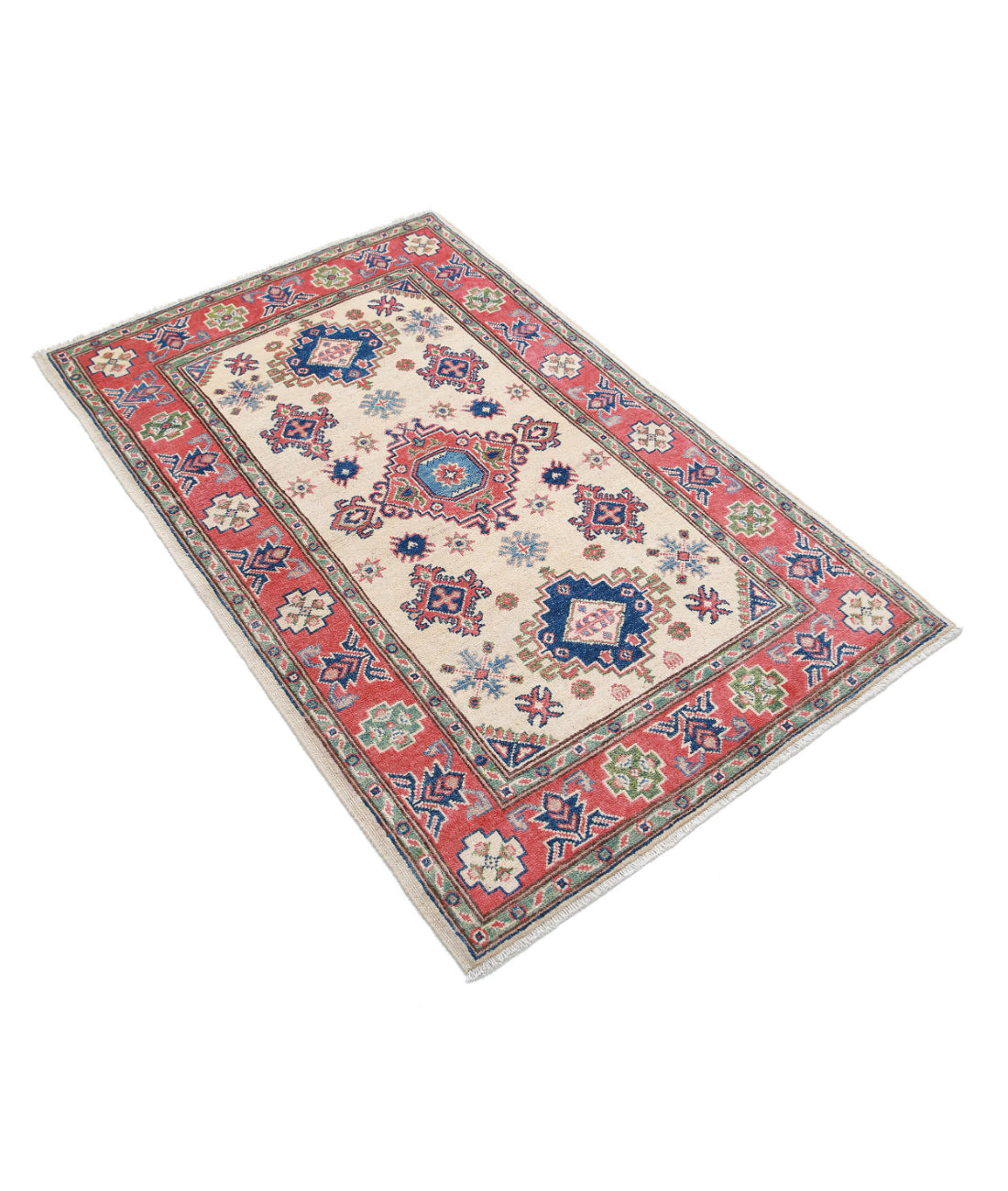 Hand Knotted Tribal Kazak Wool Rug - 3'1'' x 4'10'' 3'1'' x 4'10'' (93 X 145) / Ivory / Red