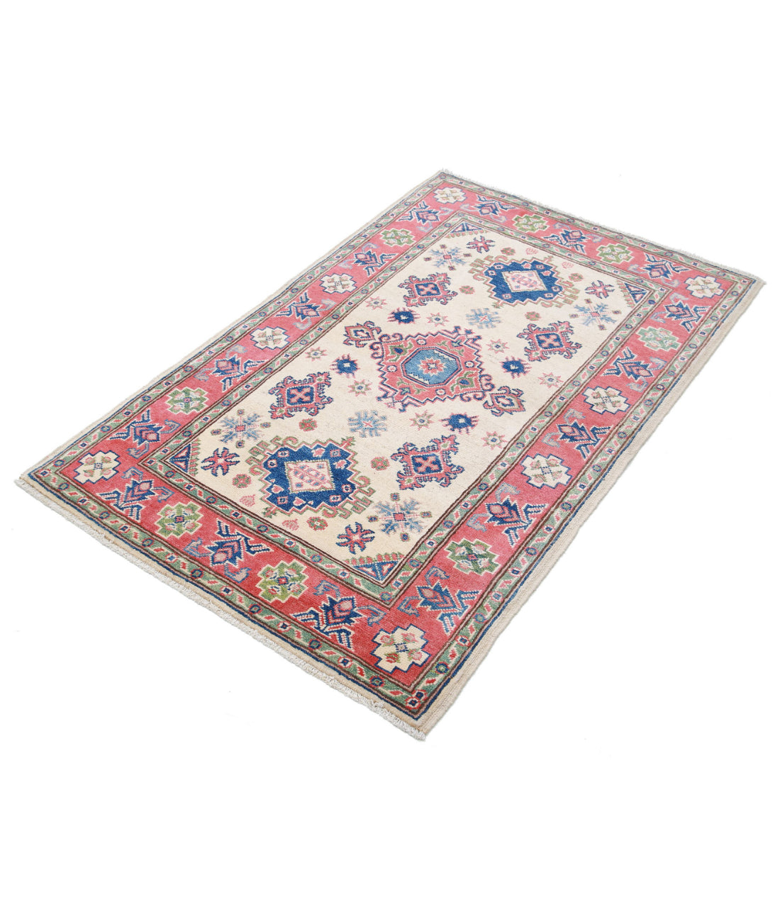 Hand Knotted Tribal Kazak Wool Rug - 3'1'' x 4'10'' 3'1'' x 4'10'' (93 X 145) / Ivory / Red
