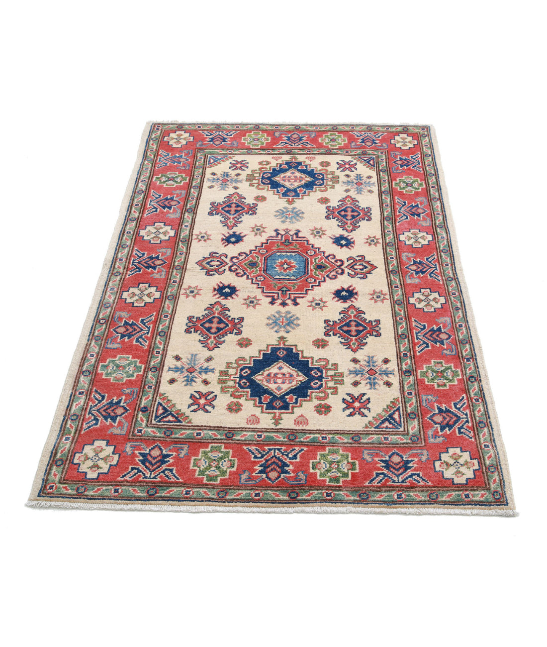 Hand Knotted Tribal Kazak Wool Rug - 3'1'' x 4'10'' 3'1'' x 4'10'' (93 X 145) / Ivory / Red