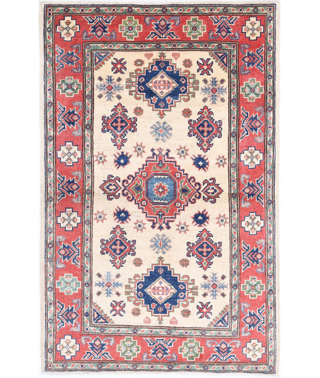 Hand Knotted Tribal Kazak Wool Rug - 3'1'' x 4'10'' 3'1'' x 4'10'' (93 X 145) / Ivory / Red