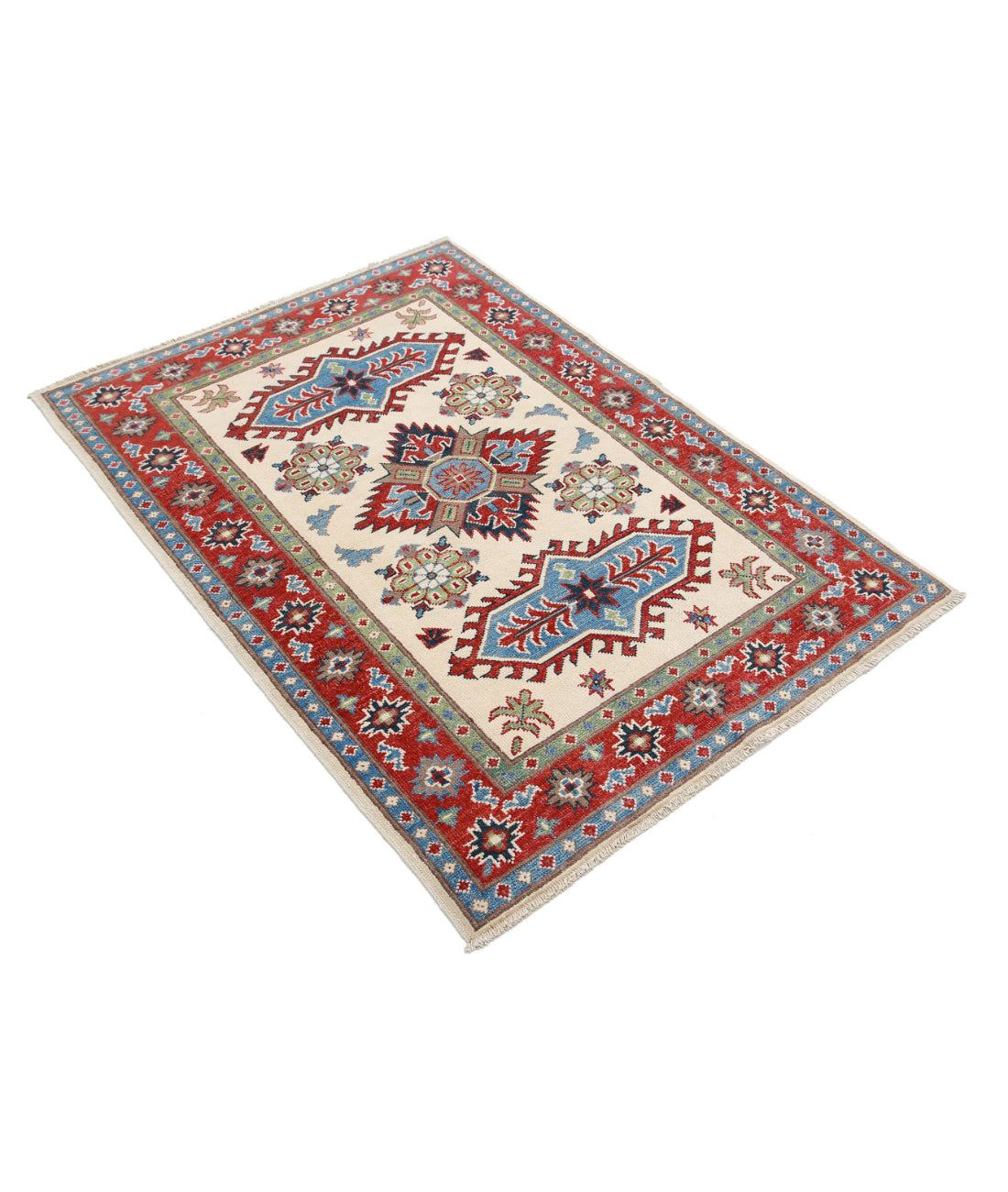 Hand Knotted Tribal Kazak Wool Rug - 3'4'' x 4'10'' 3'4'' x 4'10'' (100 X 145) / Ivory / Red