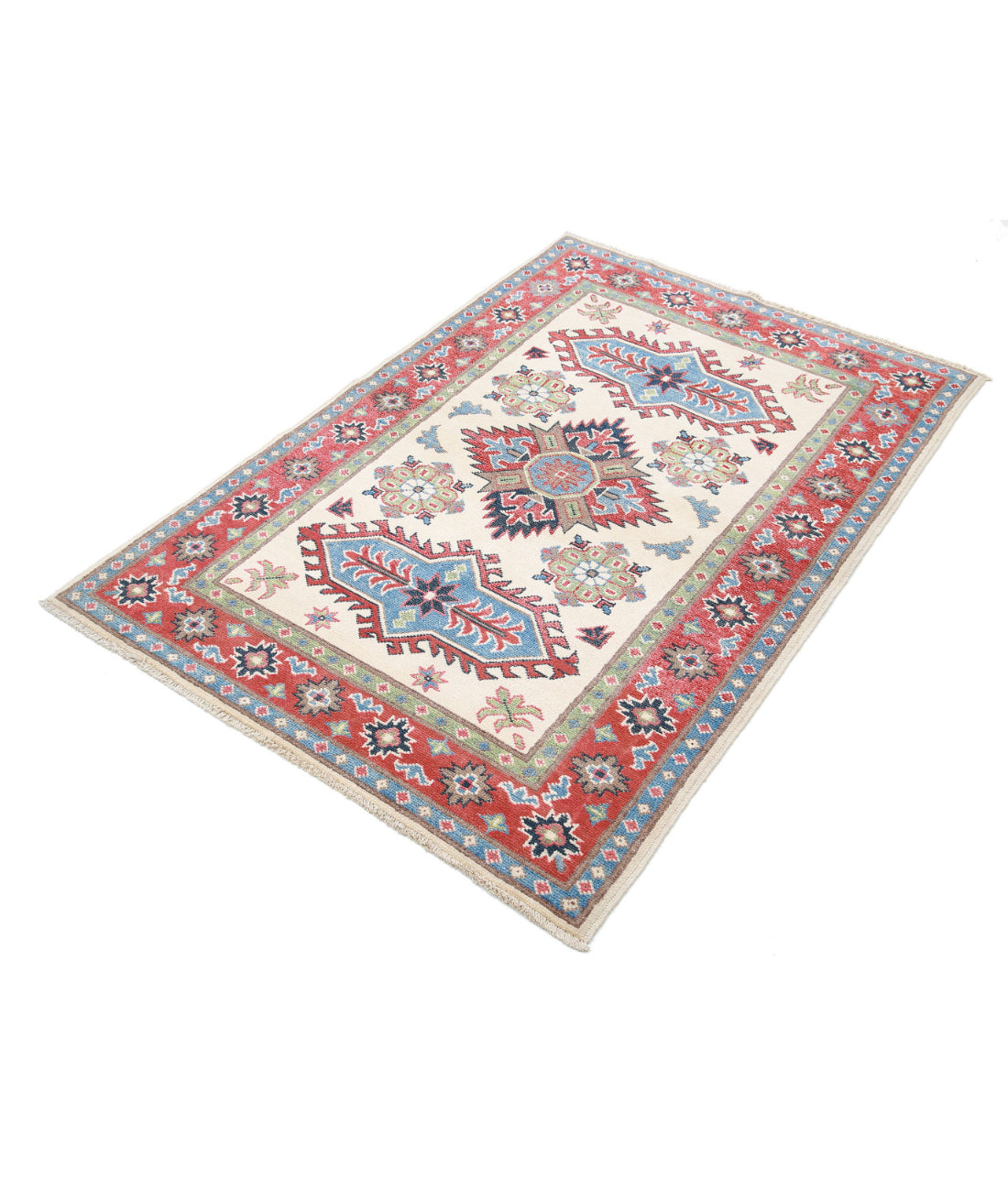 Hand Knotted Tribal Kazak Wool Rug - 3'4'' x 4'10'' 3'4'' x 4'10'' (100 X 145) / Ivory / Red