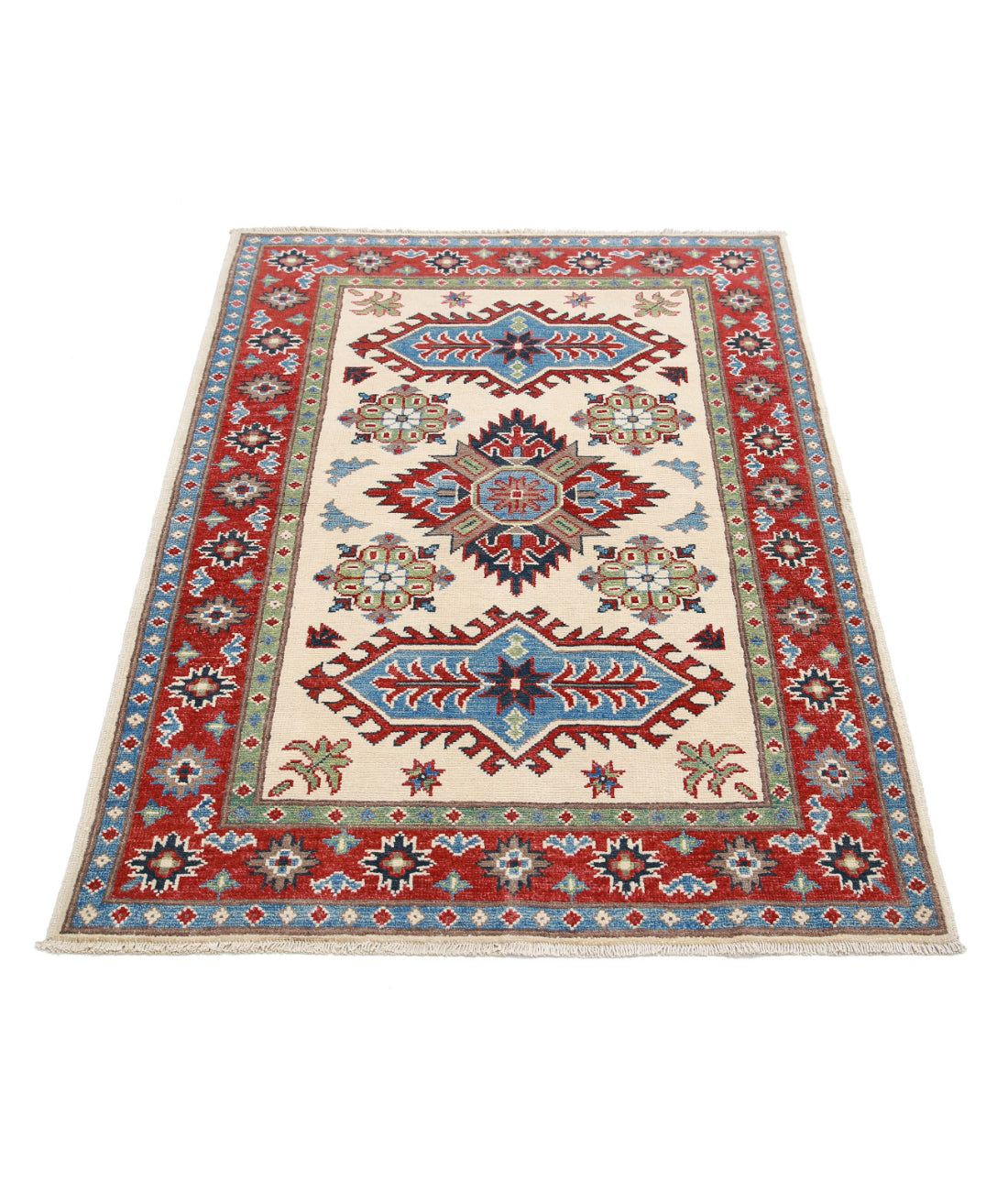Hand Knotted Tribal Kazak Wool Rug - 3'4'' x 4'10'' 3'4'' x 4'10'' (100 X 145) / Ivory / Red