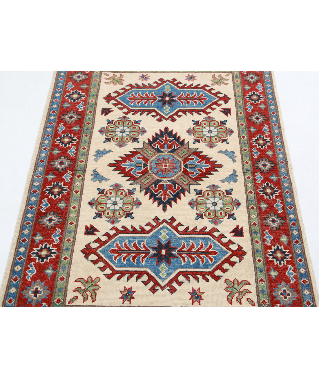 Hand Knotted Tribal Kazak Wool Rug - 3'4'' x 4'10'' 3'4'' x 4'10'' (100 X 145) / Ivory / Red