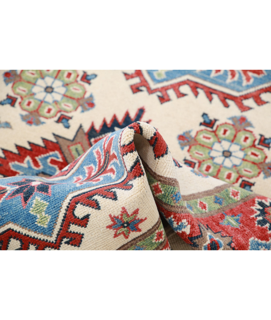 Hand Knotted Tribal Kazak Wool Rug - 3'4'' x 4'10'' 3'4'' x 4'10'' (100 X 145) / Ivory / Red