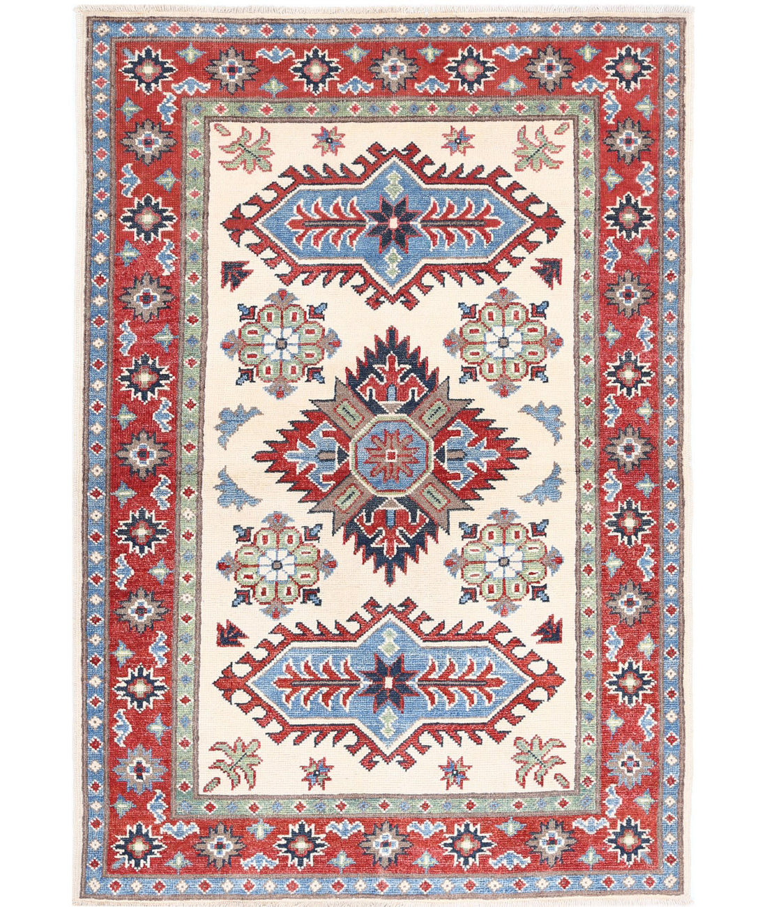 Hand Knotted Tribal Kazak Wool Rug - 3'4'' x 4'10'' 3'4'' x 4'10'' (100 X 145) / Ivory / Red