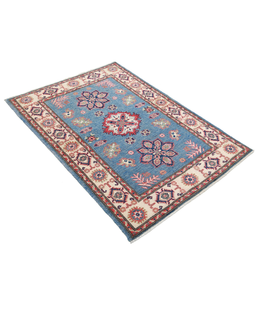 Hand Knotted Tribal Kazak Wool Rug - 3'3'' x 4'9'' 3'3'' x 4'9'' (98 X 143) / Blue / Ivory