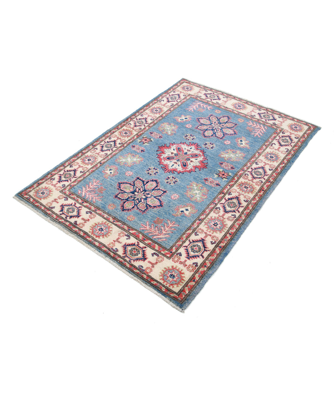 Hand Knotted Tribal Kazak Wool Rug - 3'3'' x 4'9'' 3'3'' x 4'9'' (98 X 143) / Blue / Ivory