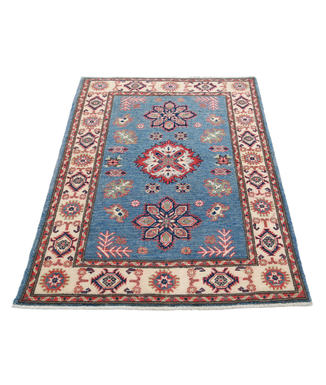 Hand Knotted Tribal Kazak Wool Rug - 3'3'' x 4'9'' 3'3'' x 4'9'' (98 X 143) / Blue / Ivory