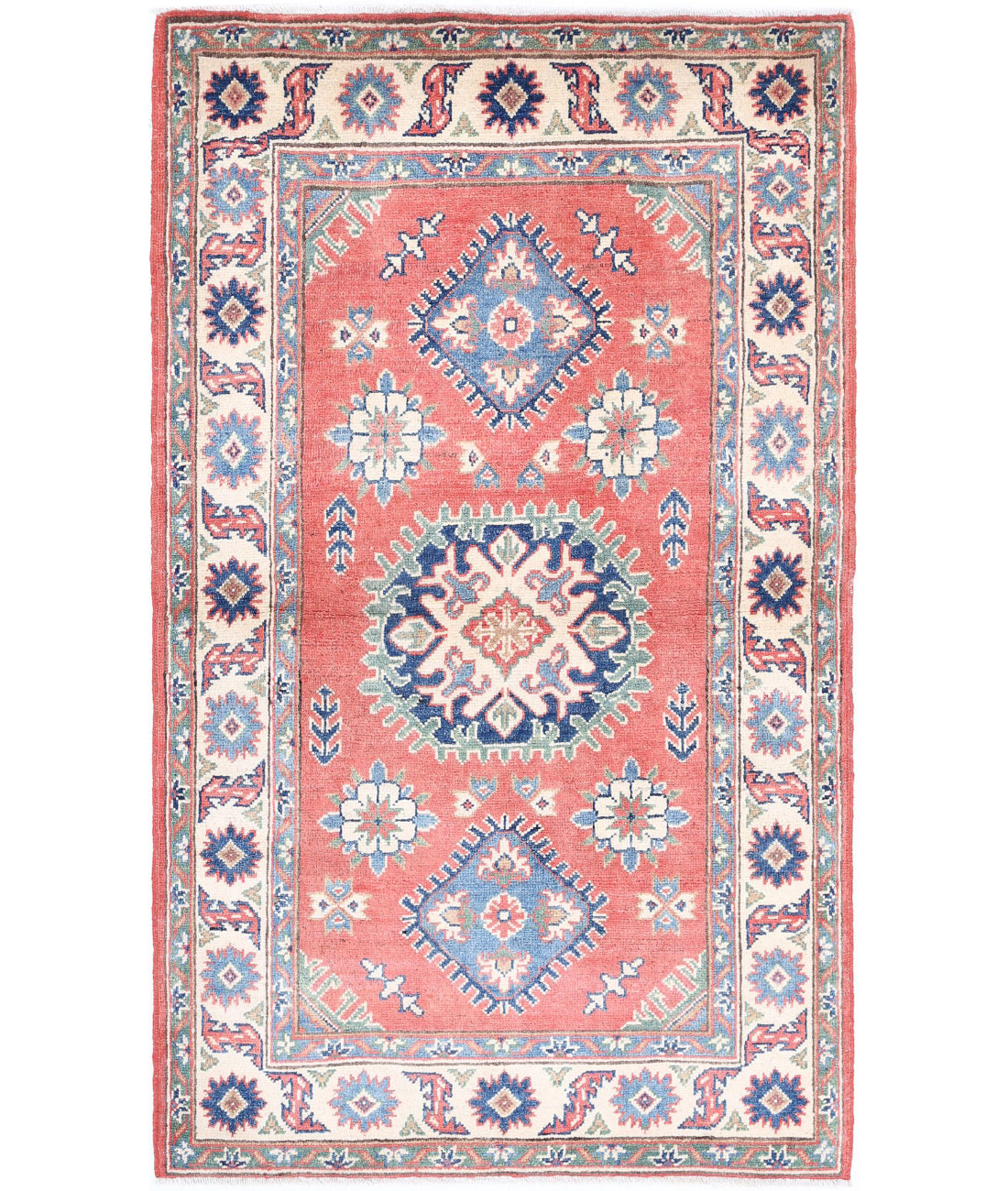 Hand Knotted Tribal Kazak Wool Rug - 3'1'' x 5'2'' 3'1'' x 5'2'' (93 X 155) / Red / Ivory