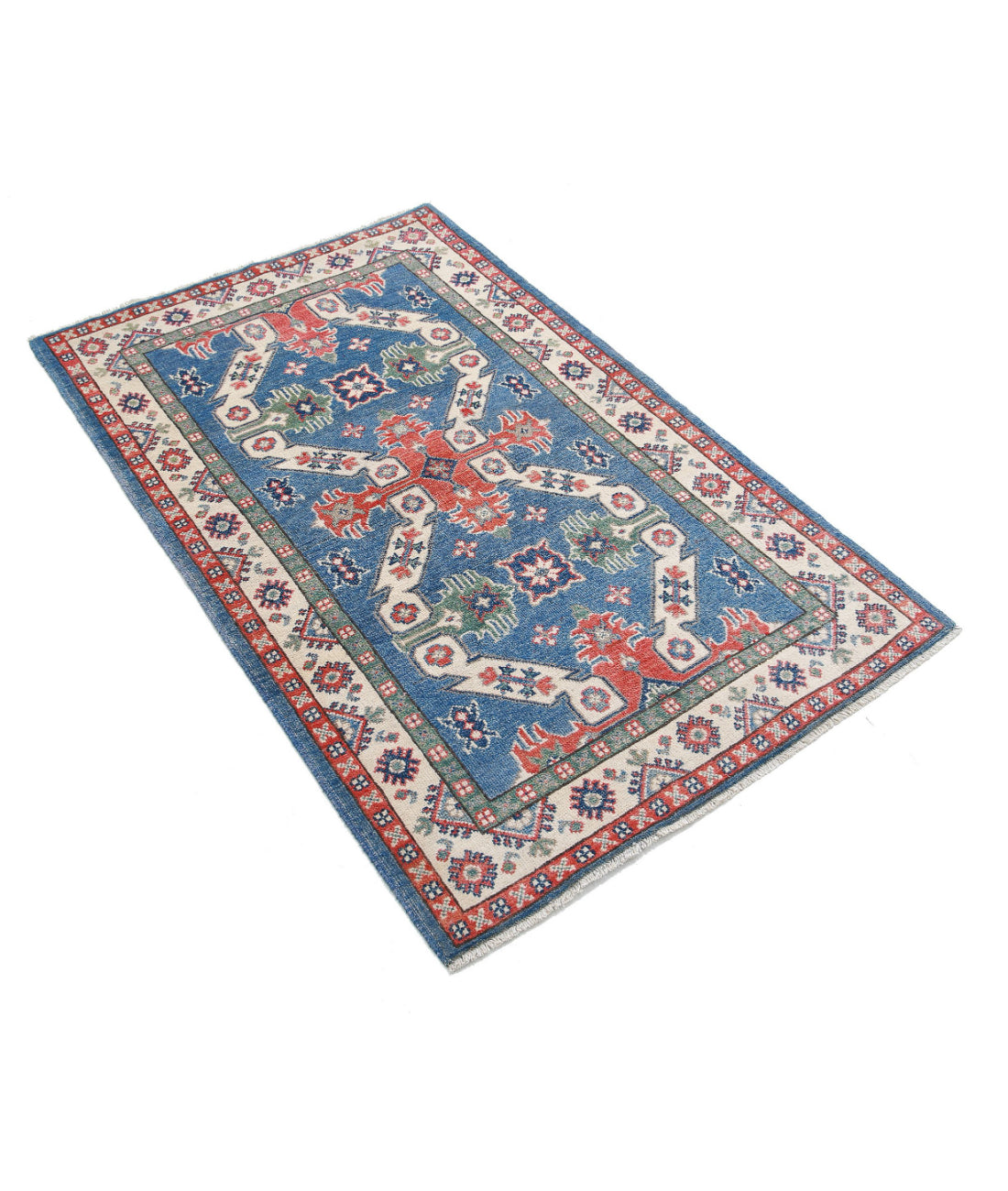 Hand Knotted Tribal Kazak Wool Rug - 3'0'' x 5'0'' 3'0'' x 5'0'' (90 X 150) / Blue / Ivory