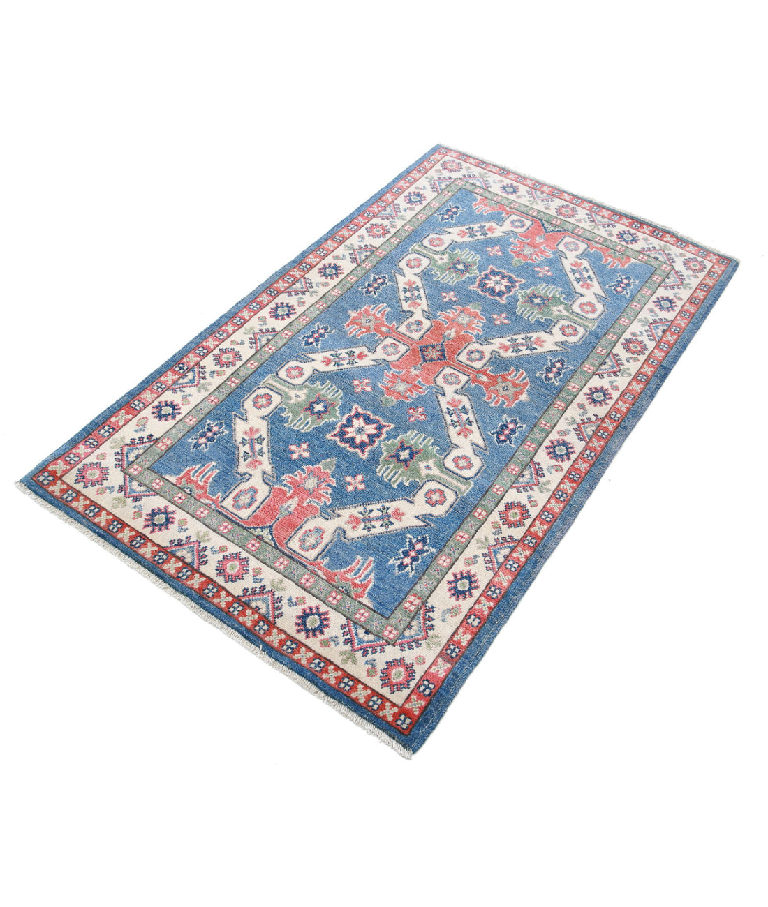 Hand Knotted Tribal Kazak Wool Rug - 3'0'' x 5'0'' 3'0'' x 5'0'' (90 X 150) / Blue / Ivory