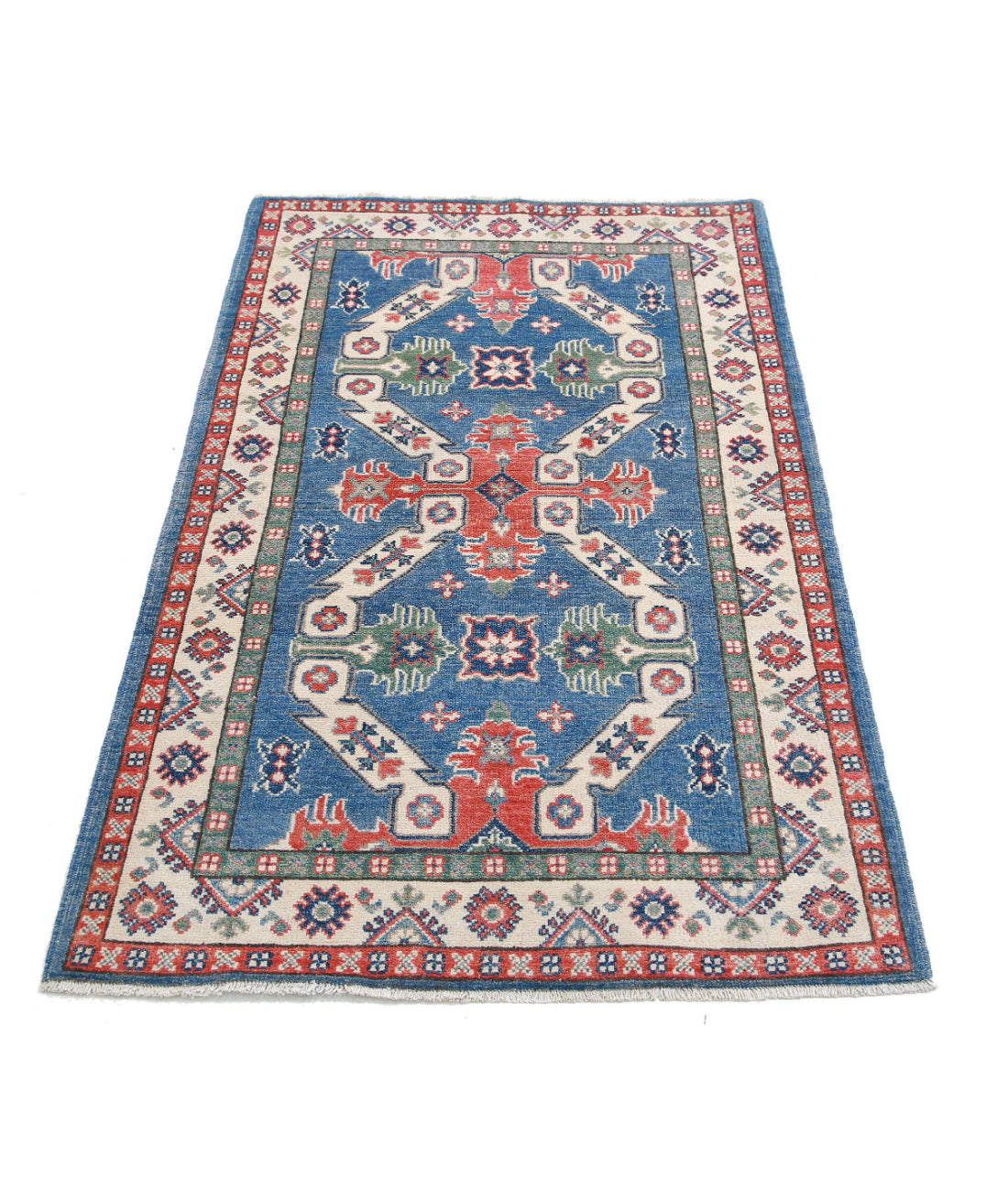 Hand Knotted Tribal Kazak Wool Rug - 3'0'' x 5'0'' 3'0'' x 5'0'' (90 X 150) / Blue / Ivory
