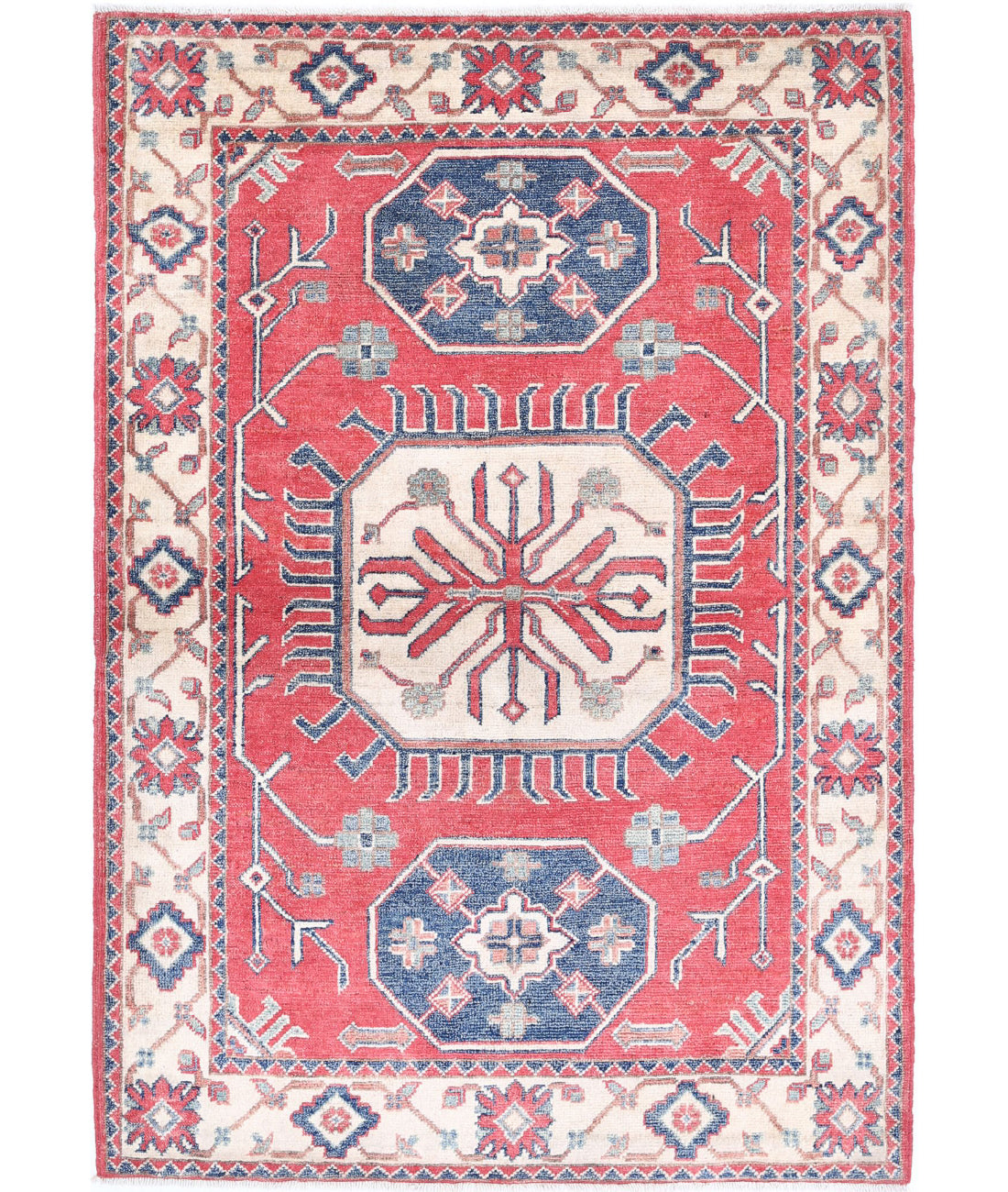 Hand Knotted Tribal Kazak Wool Rug - 3'3'' x 4'8'' 3'3'' x 4'8'' (98 X 140) / Red / Ivory