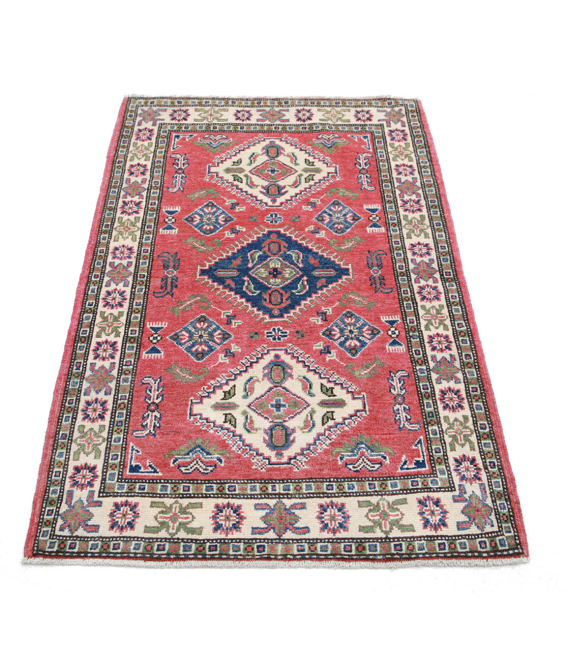 Hand Knotted Tribal Kazak Wool Rug - 3'0'' x 5'0'' 3'0'' x 5'0'' (90 X 150) / Red / Ivory