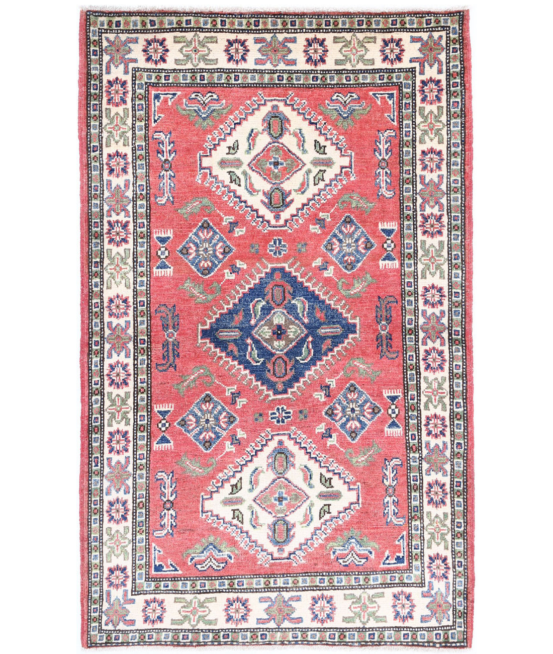 Hand Knotted Tribal Kazak Wool Rug - 3'0'' x 5'0'' 3'0'' x 5'0'' (90 X 150) / Red / Ivory