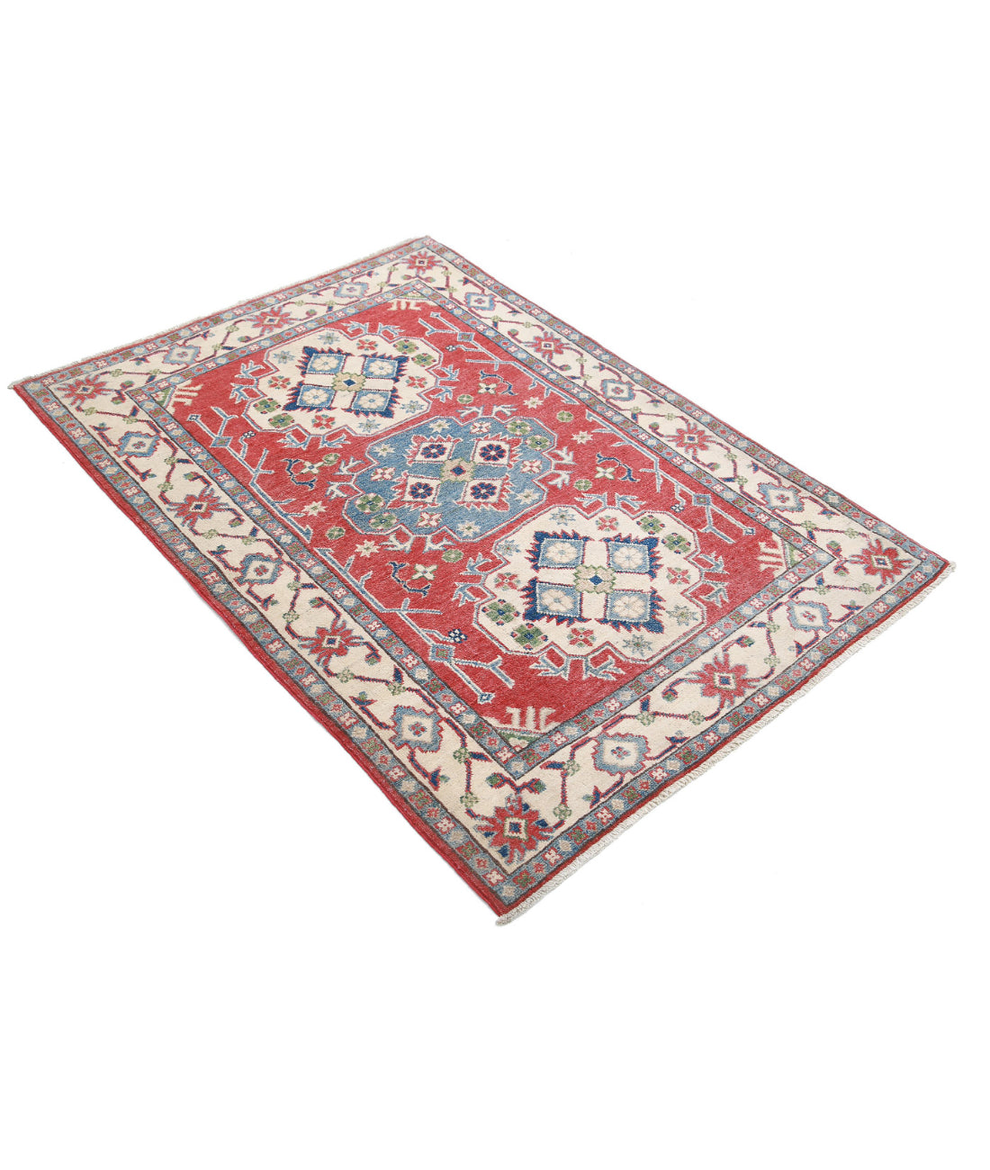 Hand Knotted Tribal Kazak Wool Rug - 3'6'' x 4'11'' 3'6'' x 4'11'' (105 X 148) / Red / Ivory