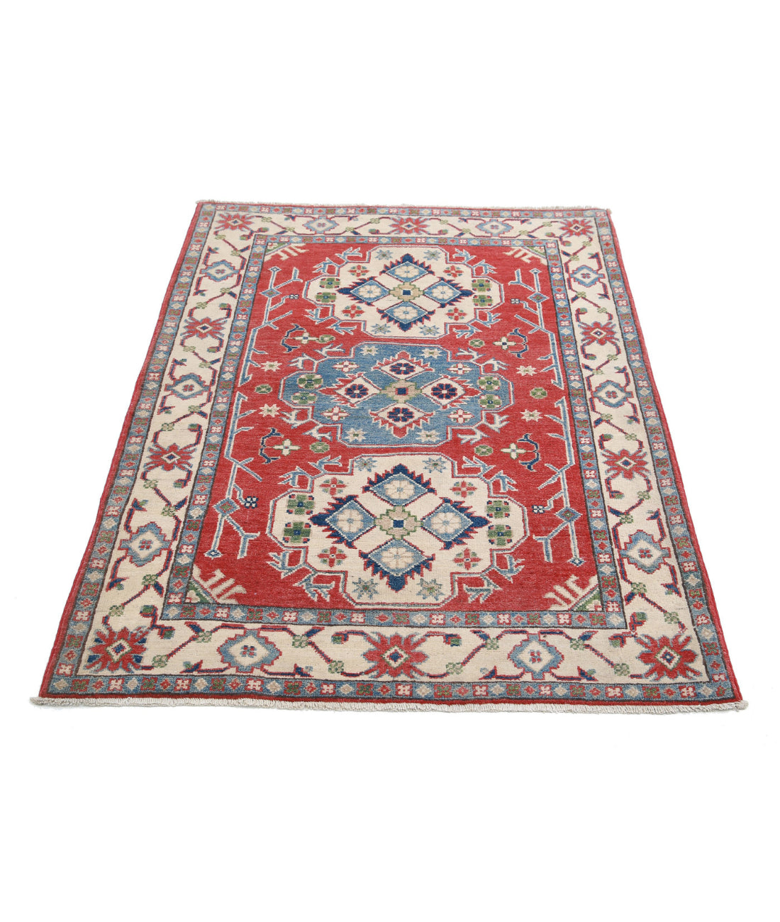 Hand Knotted Tribal Kazak Wool Rug - 3'6'' x 4'11'' 3'6'' x 4'11'' (105 X 148) / Red / Ivory
