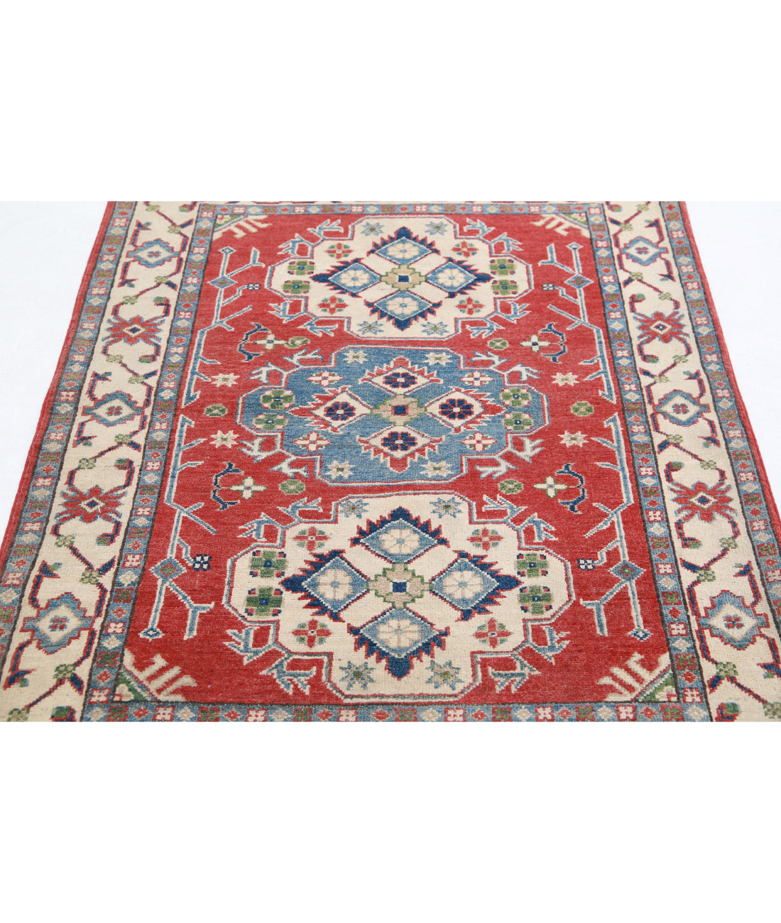 Hand Knotted Tribal Kazak Wool Rug - 3'6'' x 4'11'' 3'6'' x 4'11'' (105 X 148) / Red / Ivory