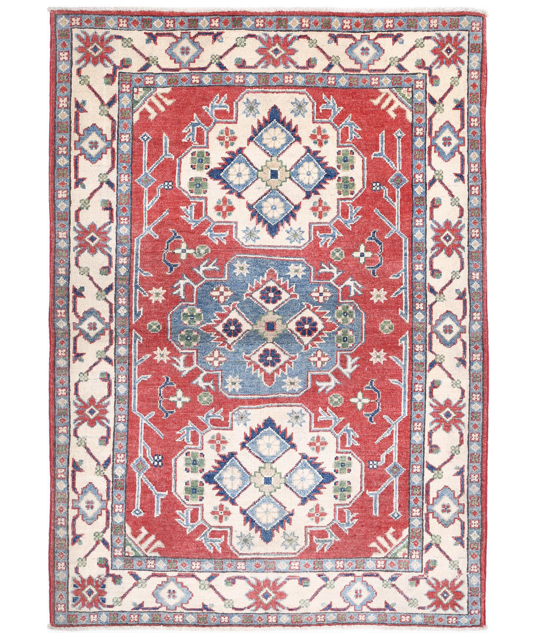 Hand Knotted Tribal Kazak Wool Rug - 3'6'' x 4'11'' 3'6'' x 4'11'' (105 X 148) / Red / Ivory