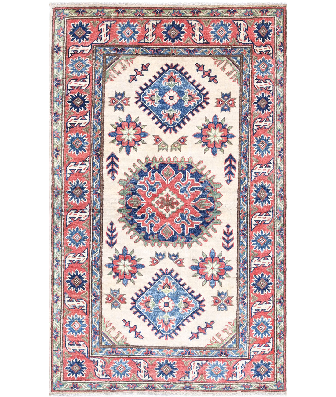 Hand Knotted Tribal Kazak Wool Rug - 2'10'' x 4'11'' 2'10'' x 4'11'' (85 X 148) / Ivory / Red