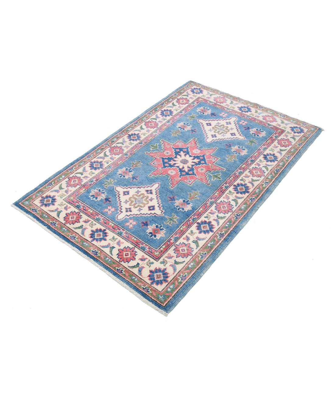 Hand Knotted Tribal Kazak Wool Rug - 3'2'' x 4'10'' 3'2'' x 4'10'' (95 X 145) / Blue / Ivory
