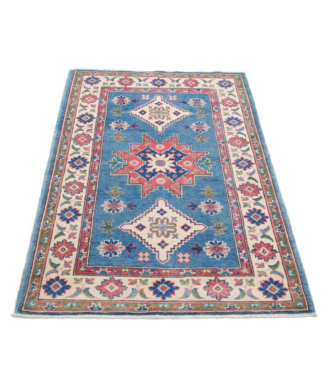 Hand Knotted Tribal Kazak Wool Rug - 3'2'' x 4'10'' 3'2'' x 4'10'' (95 X 145) / Blue / Ivory