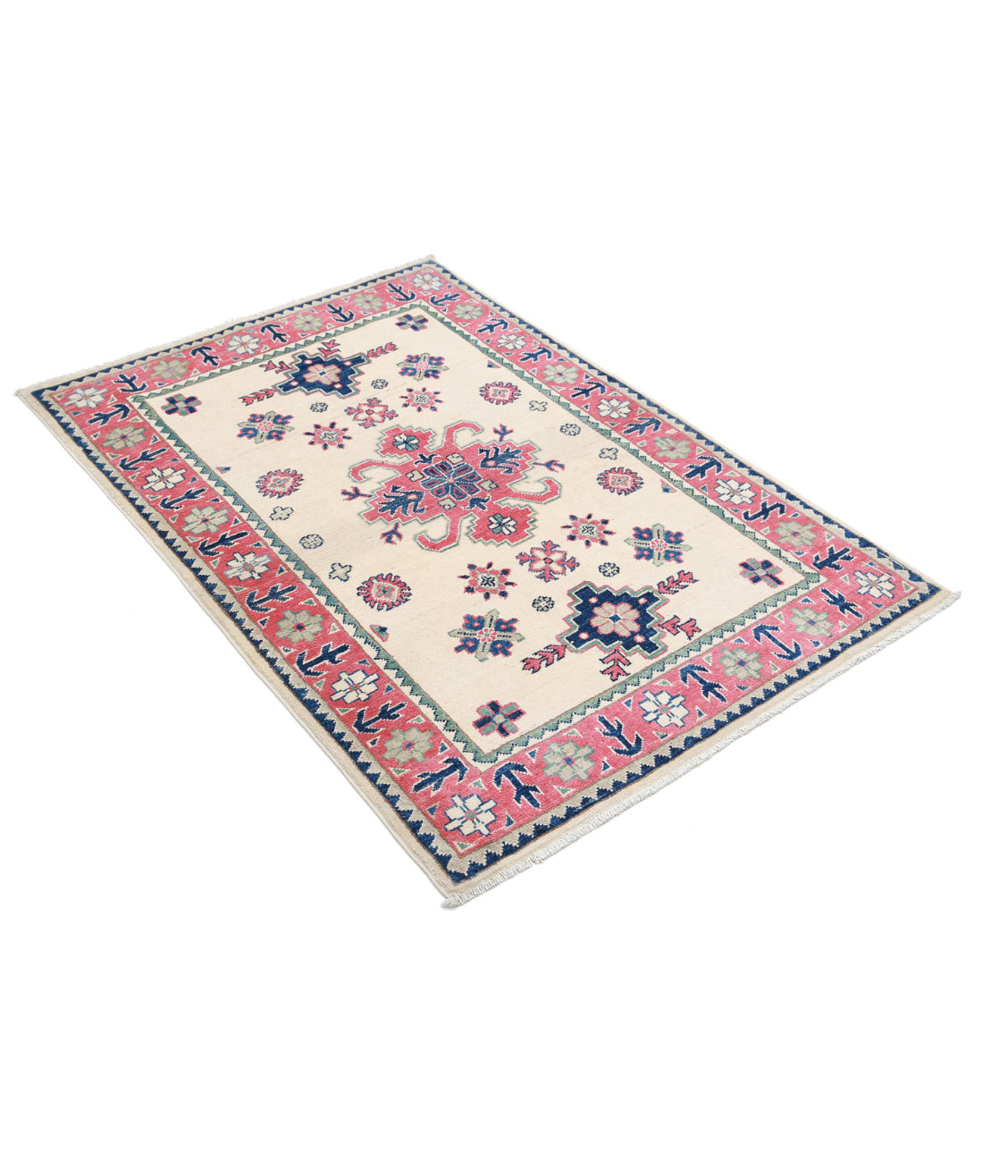 Hand Knotted Tribal Kazak Wool Rug - 3'2'' x 4'9'' 3'2'' x 4'9'' (95 X 143) / Ivory / Red