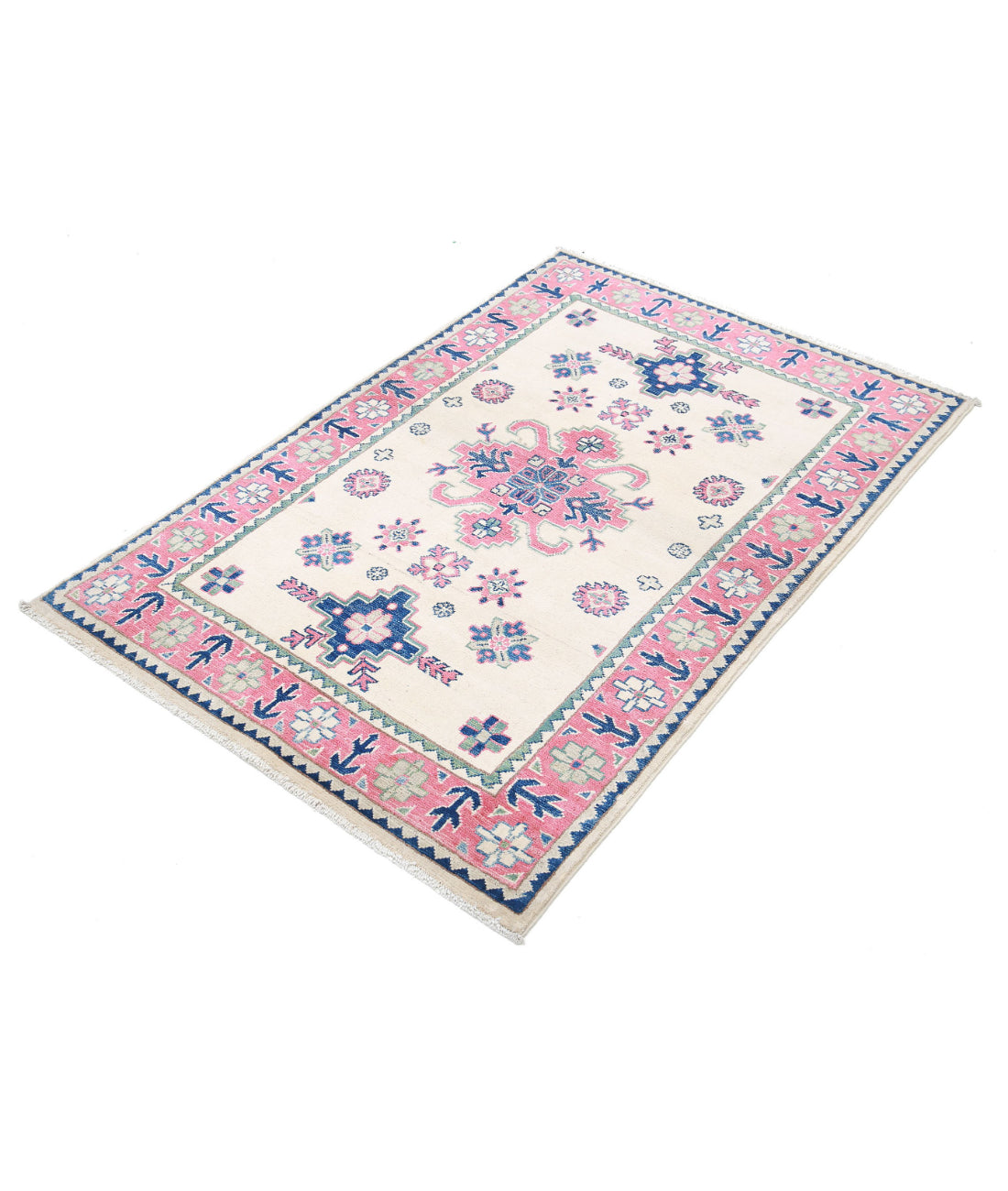Hand Knotted Tribal Kazak Wool Rug - 3'2'' x 4'9'' 3'2'' x 4'9'' (95 X 143) / Ivory / Red