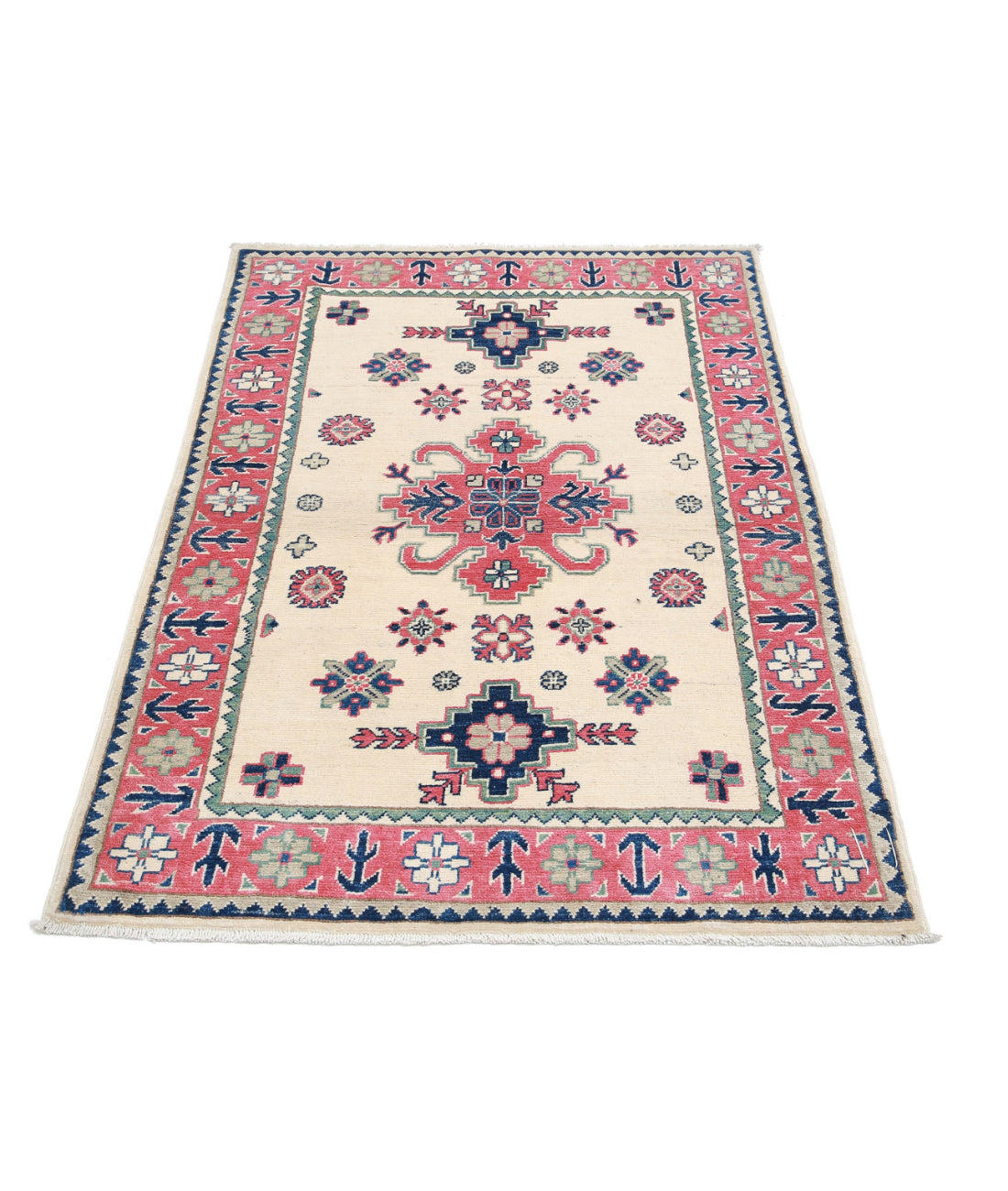 Hand Knotted Tribal Kazak Wool Rug - 3'2'' x 4'9'' 3'2'' x 4'9'' (95 X 143) / Ivory / Red